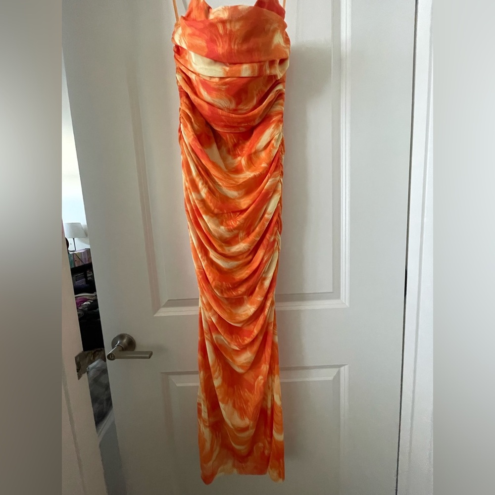 Strapless Orange Ruched Maxi Dress